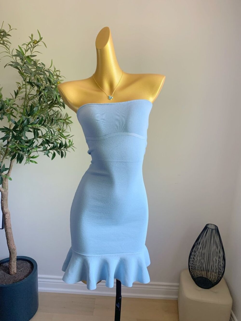 Sky Blue Strapless Knit Bodycon Mermaid Hem Mini Dress S